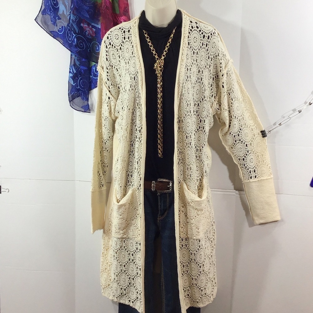Free People Runaway Cream open Lace front button cotton Cardigan